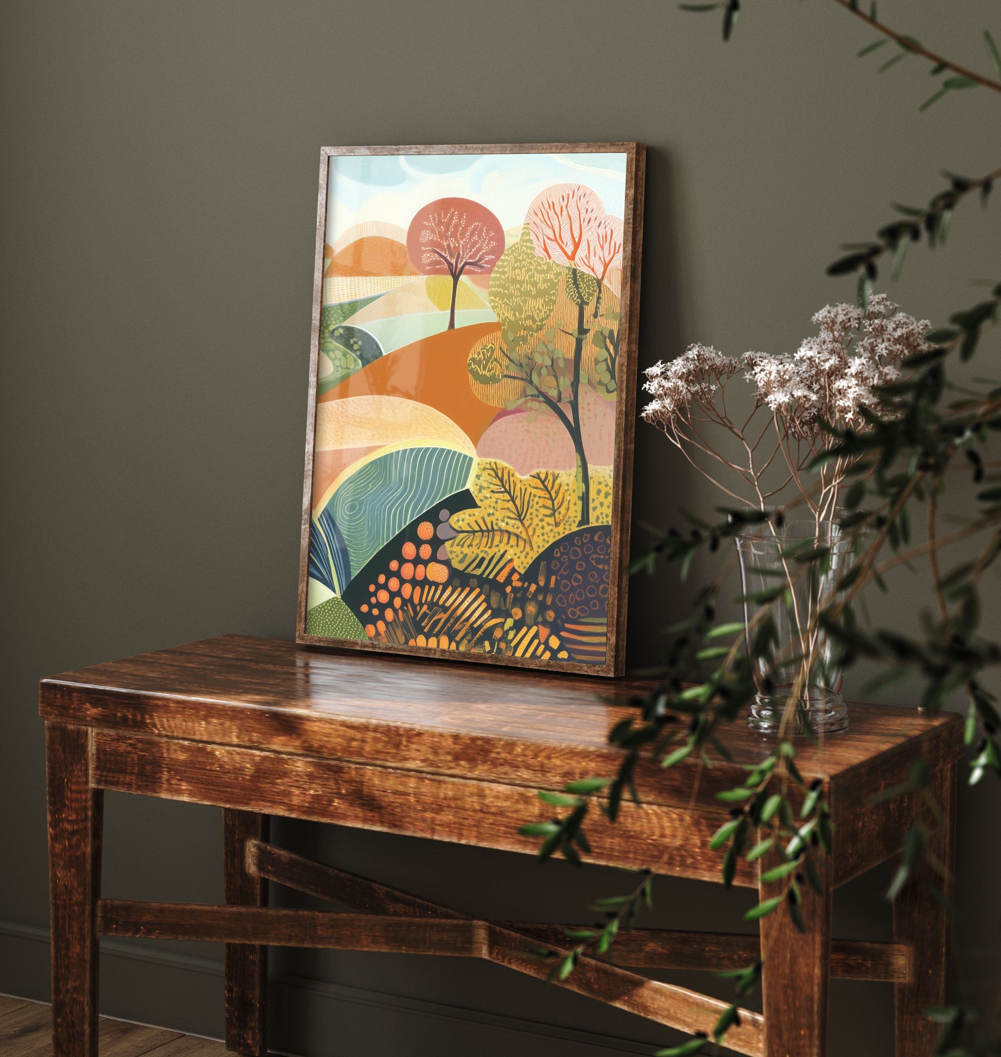 Graphic Landscape Art Print - Patterned Rolling Hills Poster - Folk Countryside Illustration - Autumn Trees V1 3/3