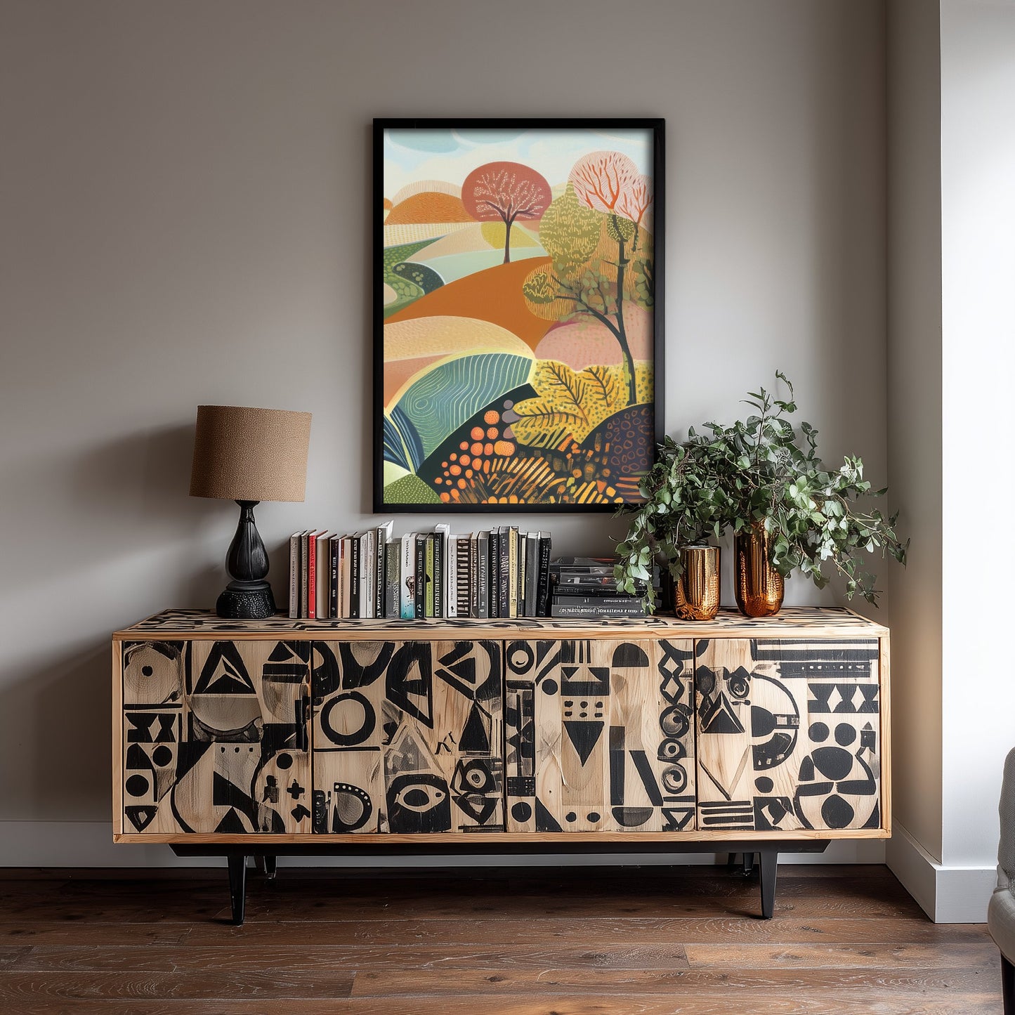 Graphic Landscape Art Print - Patterned Rolling Hills Poster - Folk Countryside Illustration - Autumn Trees V1 3/3
