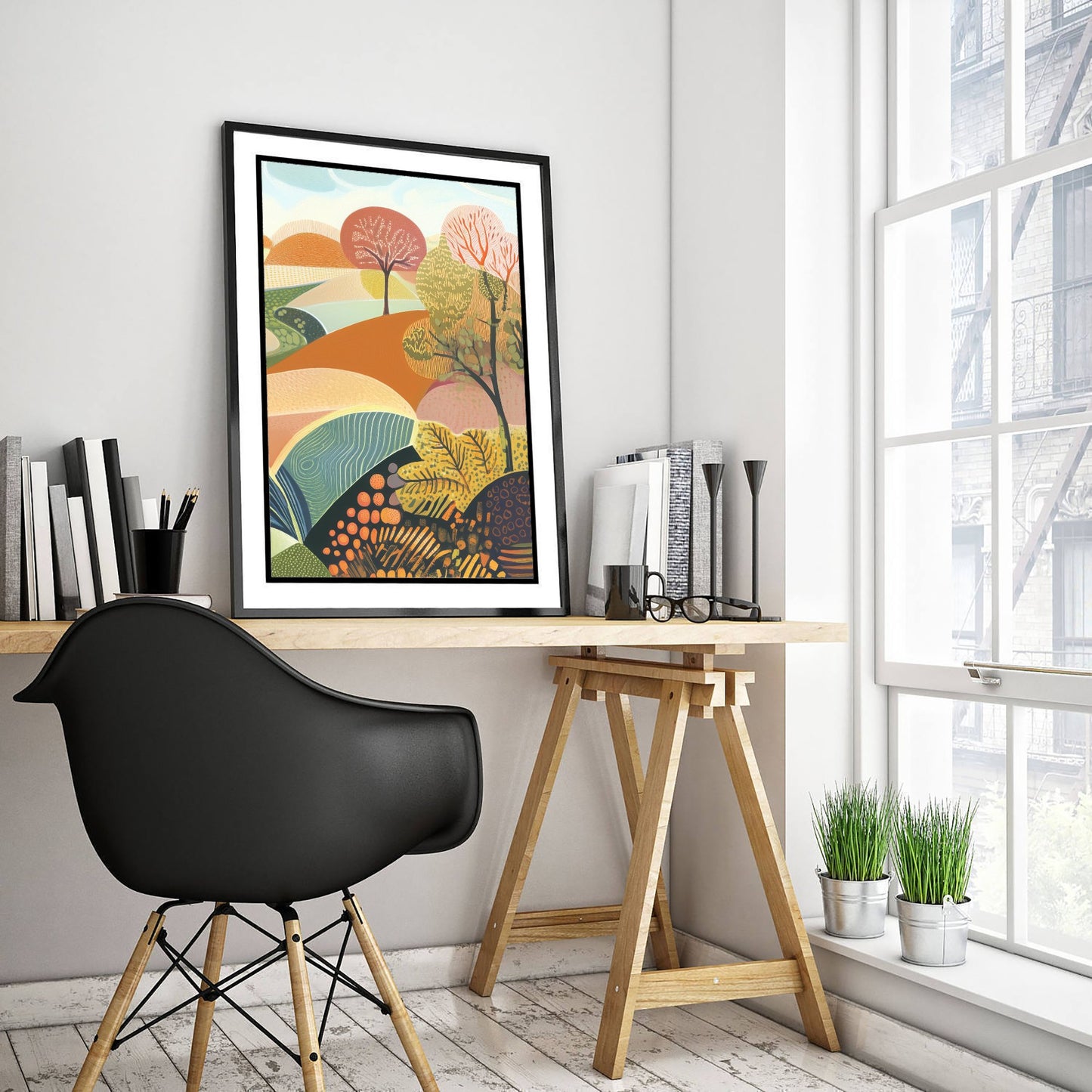 Graphic Landscape Art Print - Patterned Rolling Hills Poster - Folk Countryside Illustration - Autumn Trees V1 3/3