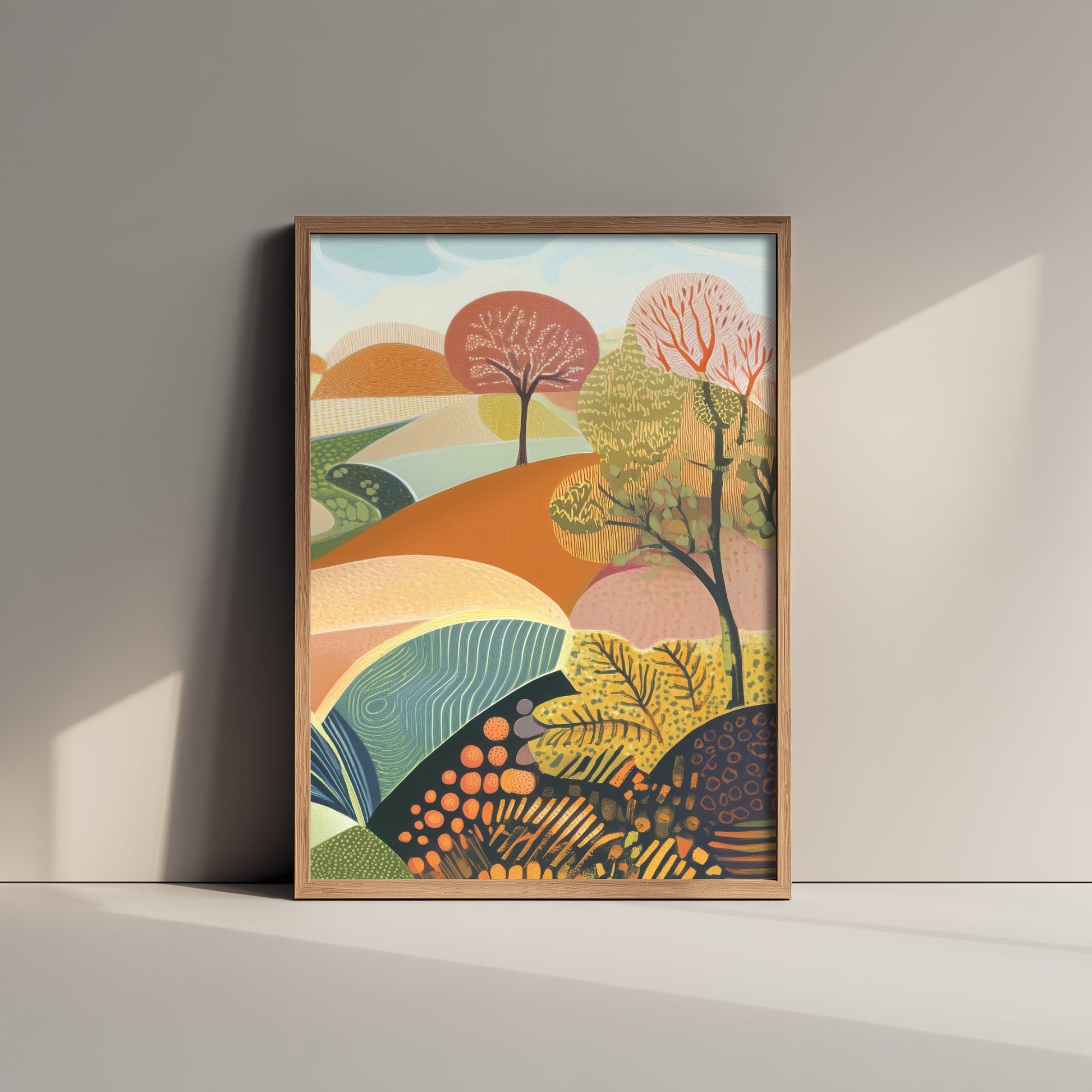 Graphic Landscape Art Print - Patterned Rolling Hills Poster - Folk Countryside Illustration - Autumn Trees V1 3/3