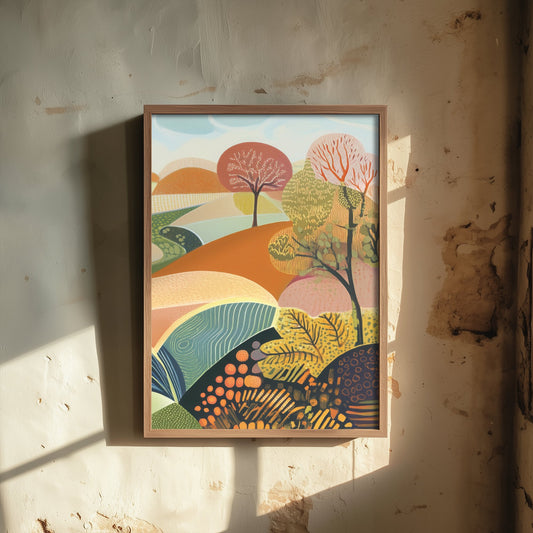 Graphic Landscape Art Print - Patterned Rolling Hills Poster - Folk Countryside Illustration - Autumn Trees V1 3/3