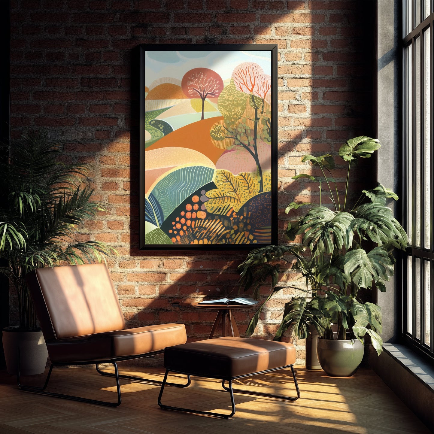 Graphic Landscape Art Print - Patterned Rolling Hills Poster - Folk Countryside Illustration - Autumn Trees V1 3/3