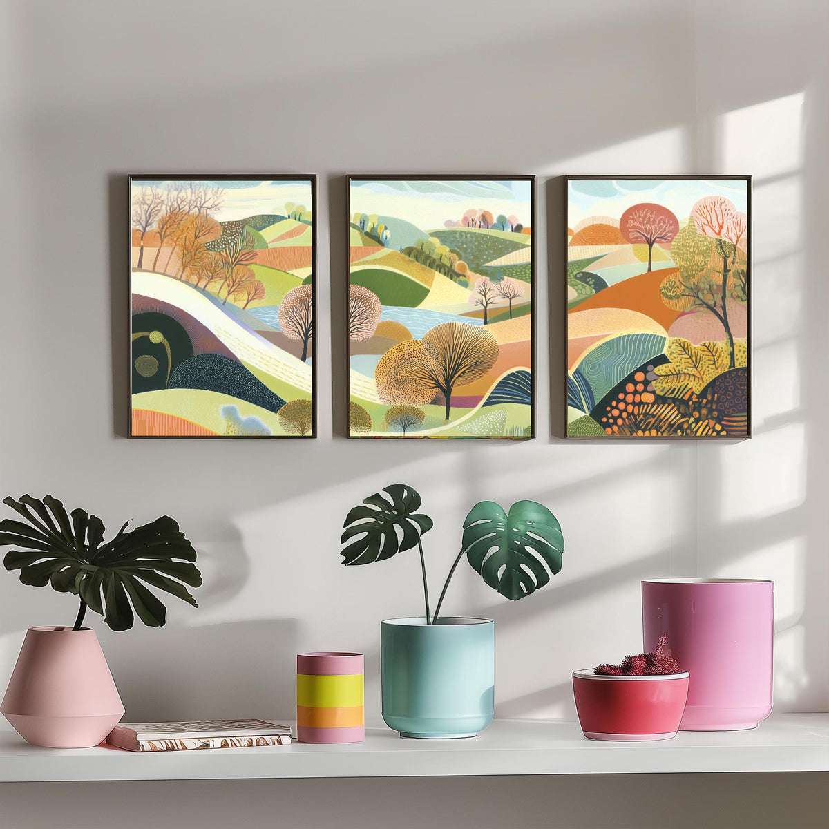 Graphic Landscape Set of Three Art Prints - 3 Rolling Hills Posters - Folk Art Countryside Painting Wall Art Gift Nature V1