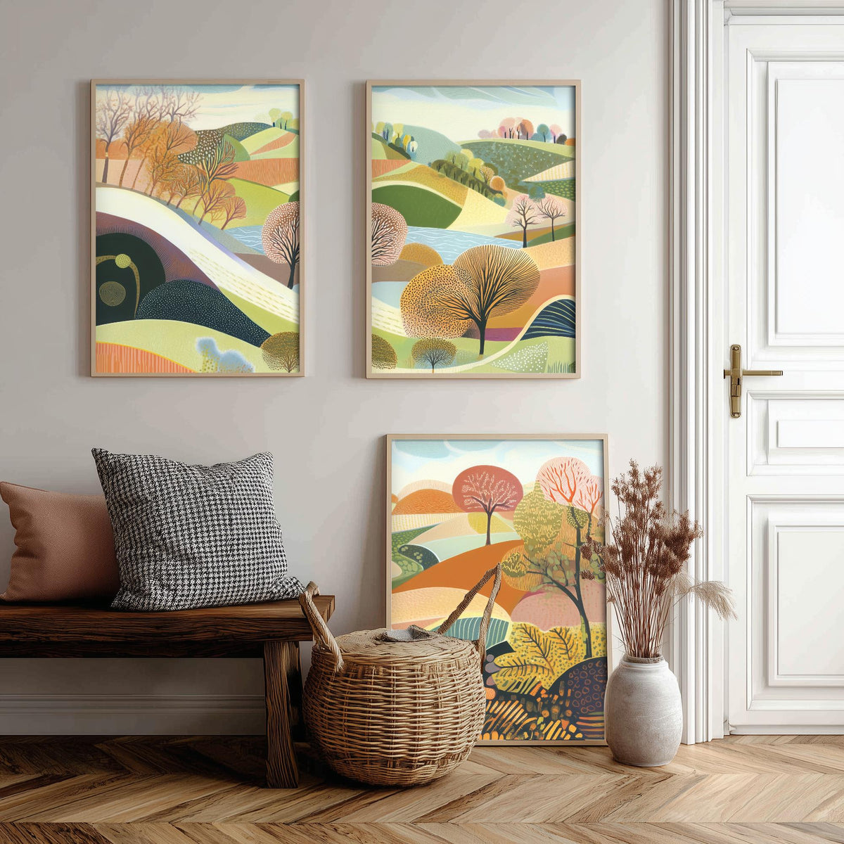 Graphic Landscape Set of Three Art Prints - 3 Rolling Hills Posters - Folk Art Countryside Painting Wall Art Gift Nature V1