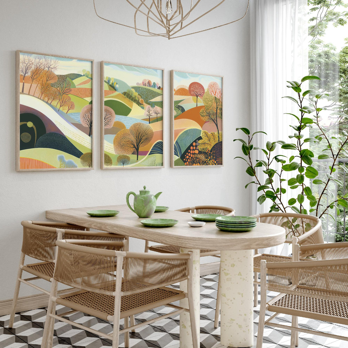 Graphic Landscape Set of Three Art Prints - 3 Rolling Hills Posters - Folk Art Countryside Painting Wall Art Gift Nature V1