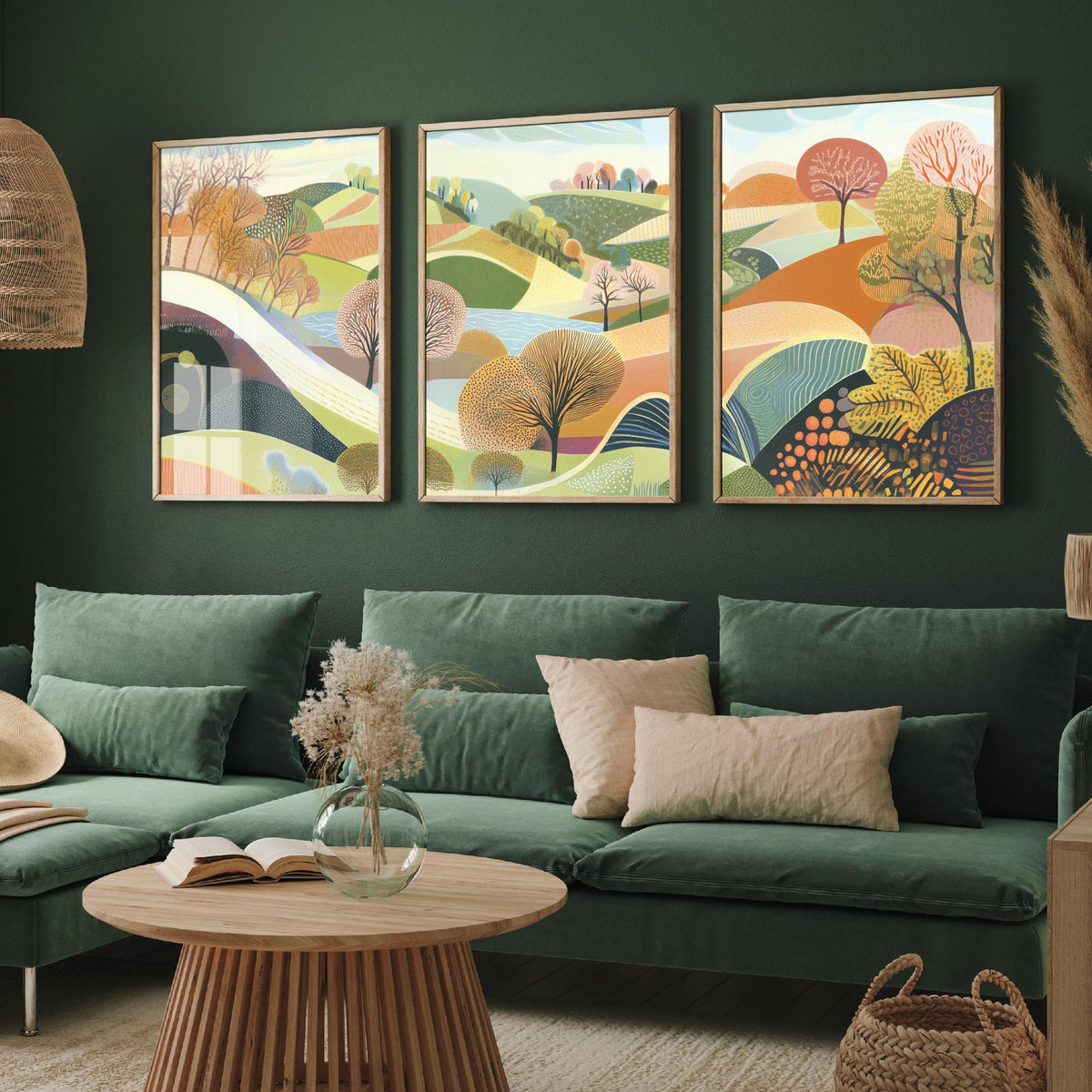 Graphic Landscape Set of Three Art Prints - 3 Rolling Hills Posters - Folk Art Countryside Painting Wall Art Gift Nature V1
