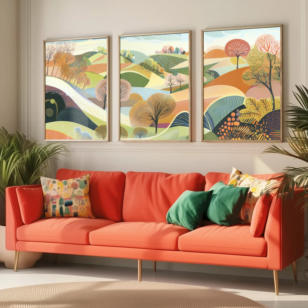 Graphic Landscape Set of Three Art Prints - 3 Rolling Hills Posters - Folk Art Countryside Painting Wall Art Gift Nature V1