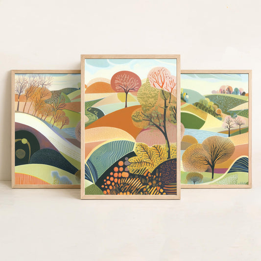 Graphic Landscape Set of Three Art Prints - 3 Rolling Hills Posters - Folk Art Countryside Painting Wall Art Gift Nature V1