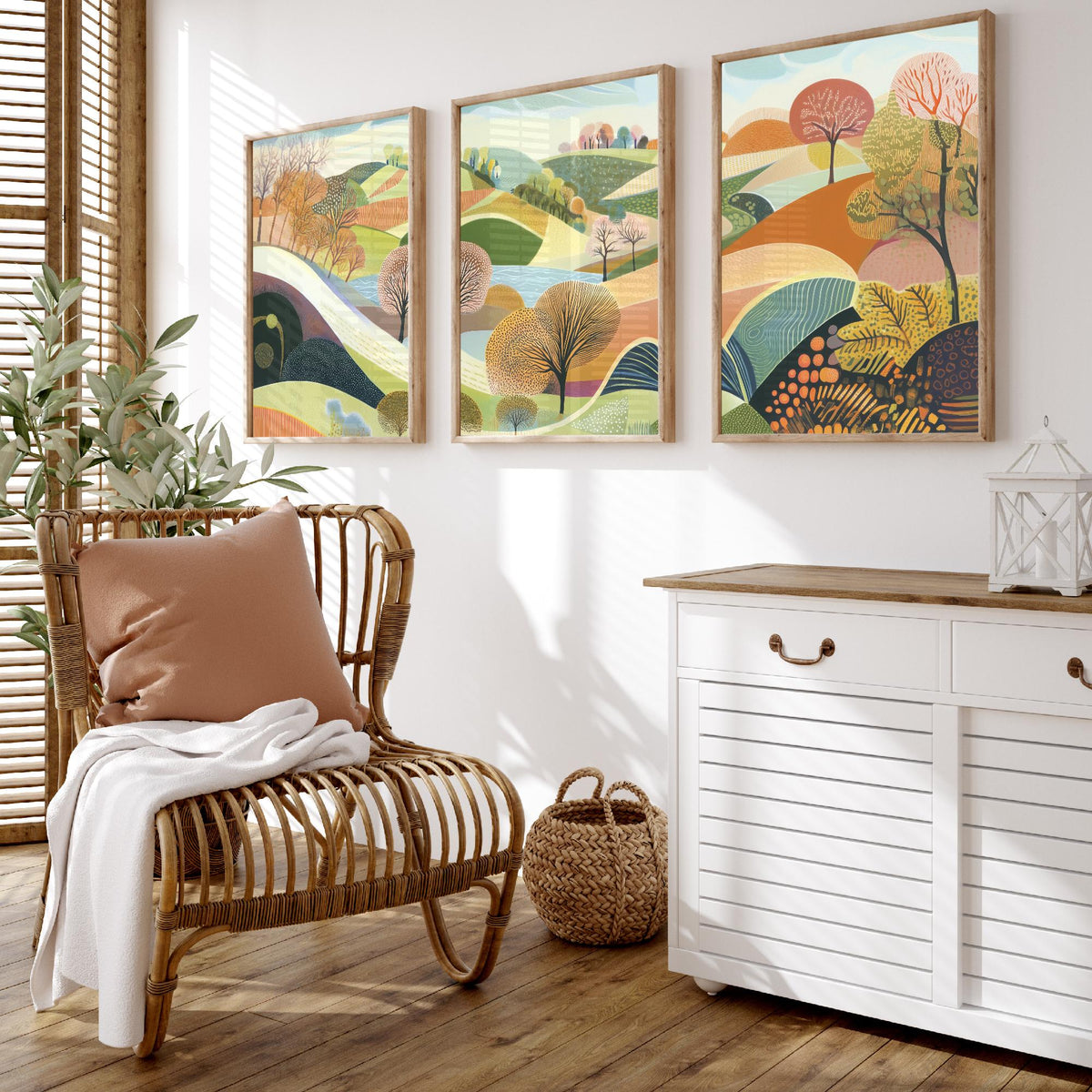 Graphic Landscape Set of Three Art Prints - 3 Rolling Hills Posters - Folk Art Countryside Painting Wall Art Gift Nature V1