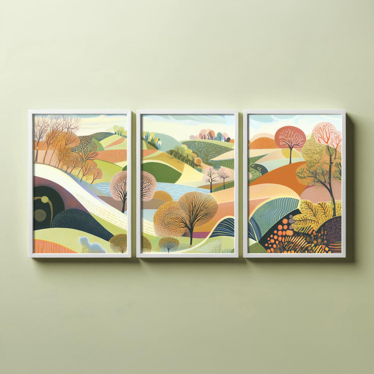 Graphic Landscape Set of Three Art Prints - 3 Rolling Hills Posters - Folk Art Countryside Painting Wall Art Gift Nature V1