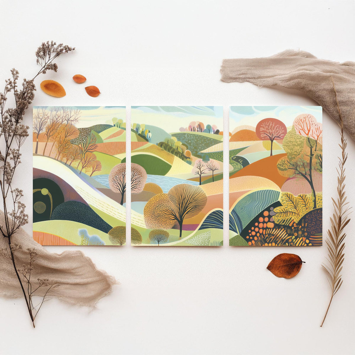 Graphic Landscape Set of Three Art Prints - 3 Rolling Hills Posters - Folk Art Countryside Painting Wall Art Gift Nature V1