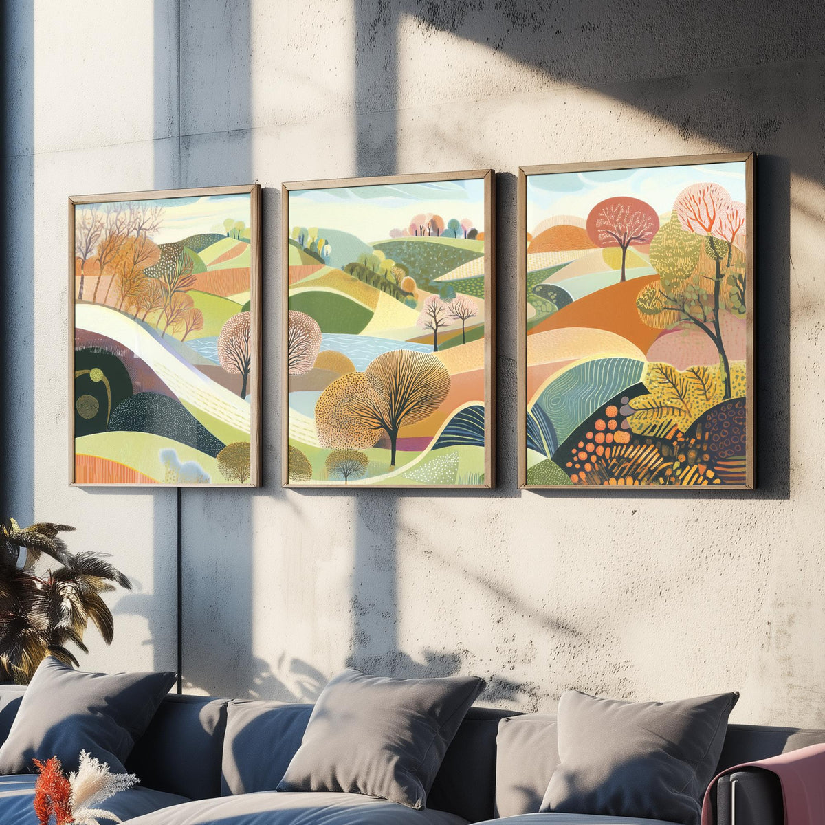 Graphic Landscape Set of Three Art Prints - 3 Rolling Hills Posters - Folk Art Countryside Painting Wall Art Gift Nature V1