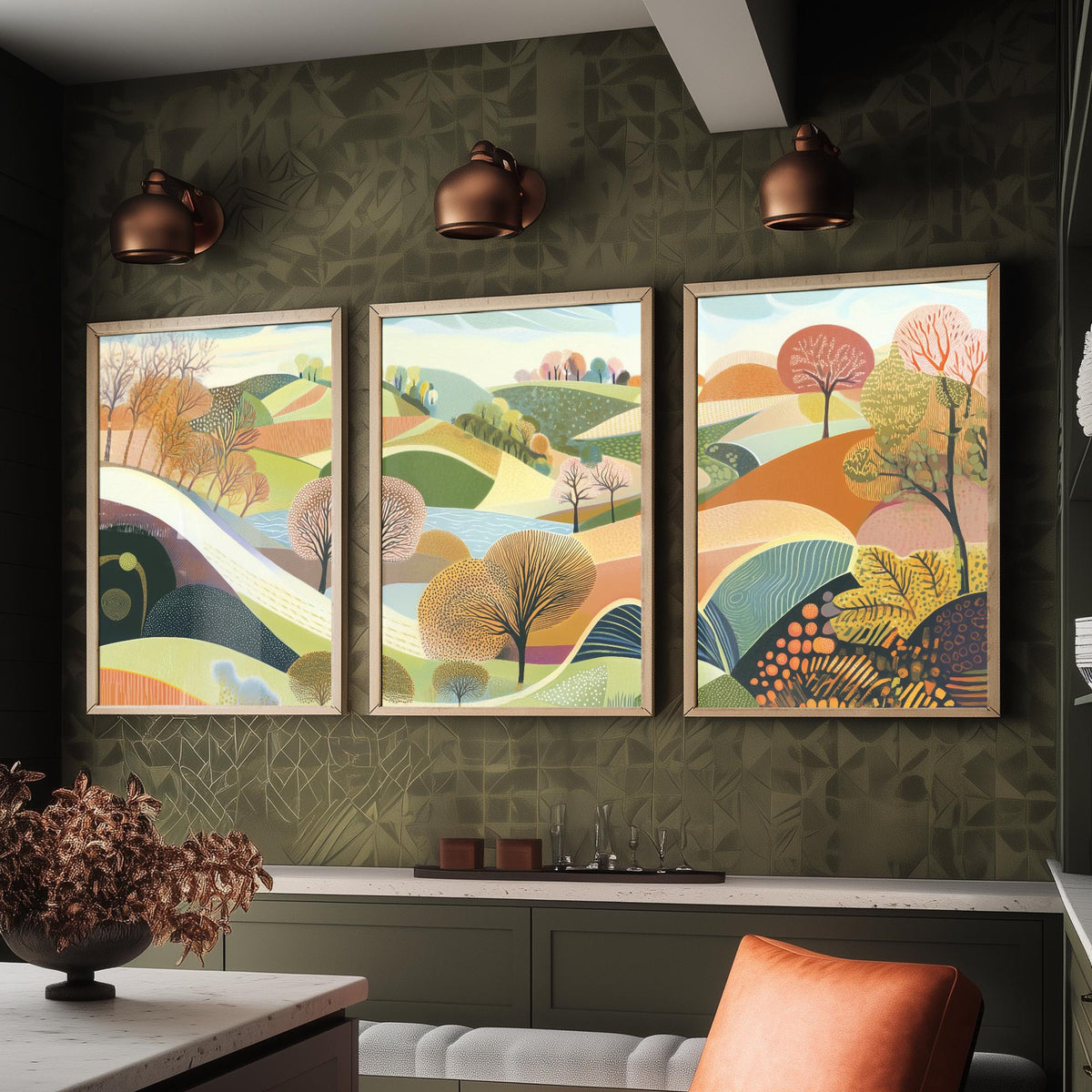 Graphic Landscape Set of Three Art Prints - 3 Rolling Hills Posters - Folk Art Countryside Painting Wall Art Gift Nature V1