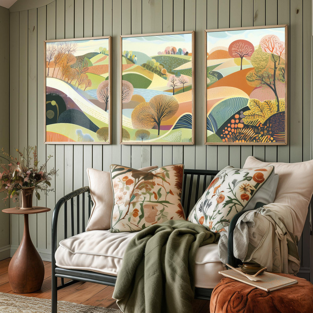 Graphic Landscape Set of Three Art Prints - 3 Rolling Hills Posters - Folk Art Countryside Painting Wall Art Gift Nature V1