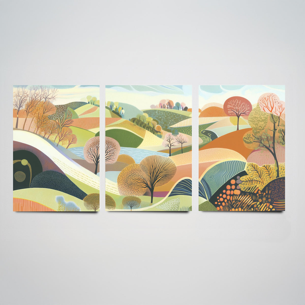 Graphic Landscape Set of Three Art Prints - 3 Rolling Hills Posters - Folk Art Countryside Painting Wall Art Gift Nature V1