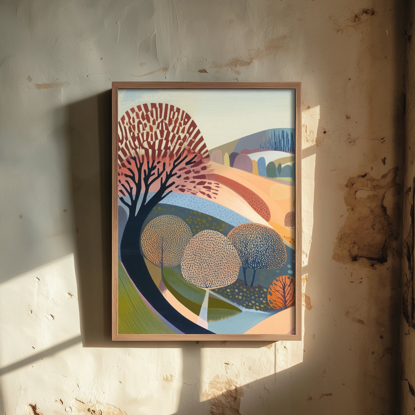 Graphic Landscape Art Print - Pastel Rolling Hills Poster - Folk Countryside Illustration - Soft River Valley V2 1/3