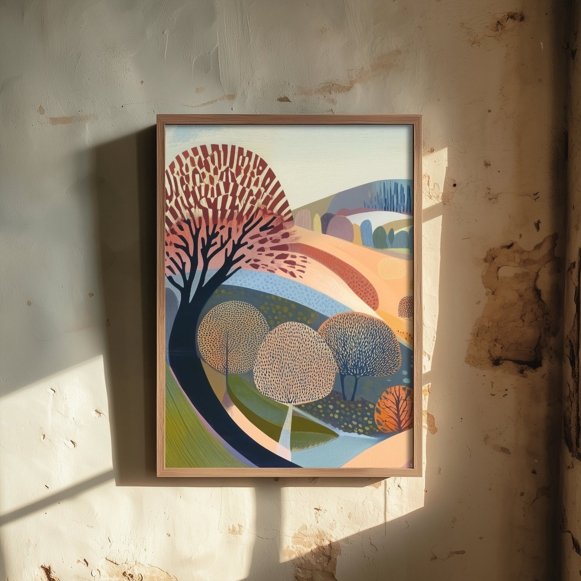 Graphic Landscape Art Print - Pastel Rolling Hills Poster - Folk Countryside Illustration - Soft River Valley V2 1/3