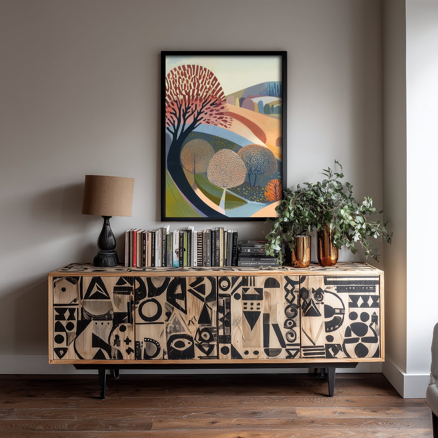 Graphic Landscape Art Print - Pastel Rolling Hills Poster - Folk Countryside Illustration - Soft River Valley V2 1/3