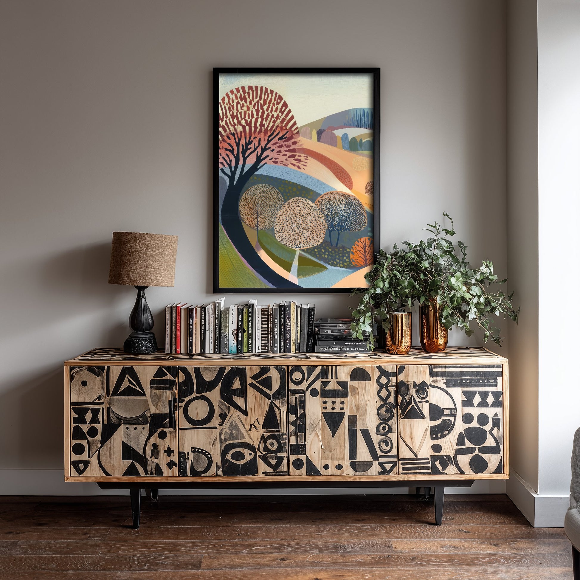 Graphic Landscape Art Print - Pastel Rolling Hills Poster - Folk Countryside Illustration - Soft River Valley V2 1/3