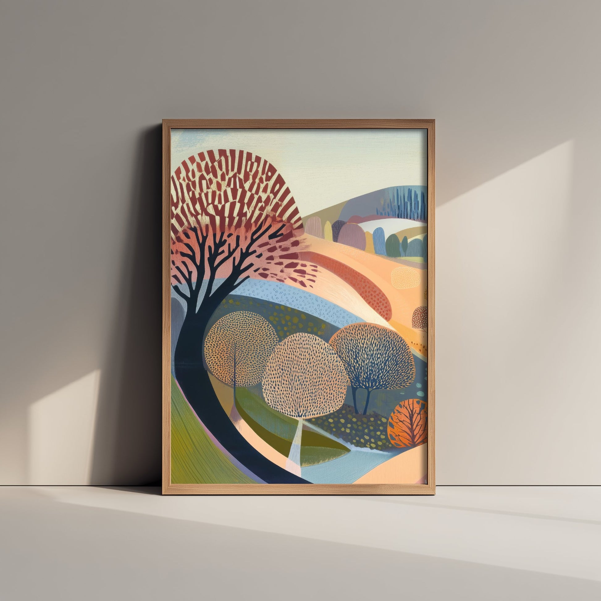 Graphic Landscape Art Print - Pastel Rolling Hills Poster - Folk Countryside Illustration - Soft River Valley V2 1/3