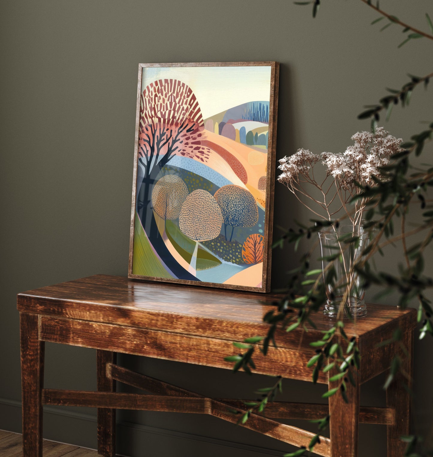 Graphic Landscape Art Print - Pastel Rolling Hills Poster - Folk Countryside Illustration - Soft River Valley V2 1/3