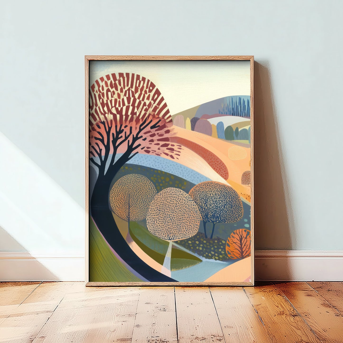 Graphic Landscape Art Print - Pastel Rolling Hills Poster - Folk Countryside Illustration - Soft River Valley V2 1/3