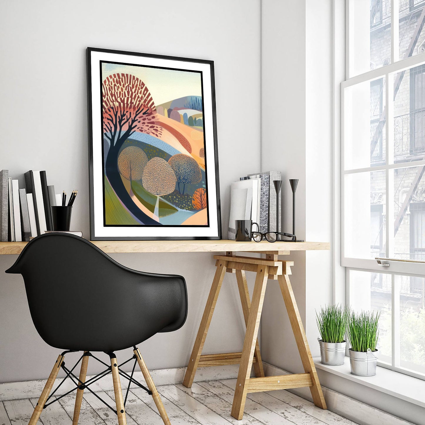 Graphic Landscape Art Print - Pastel Rolling Hills Poster - Folk Countryside Illustration - Soft River Valley V2 1/3
