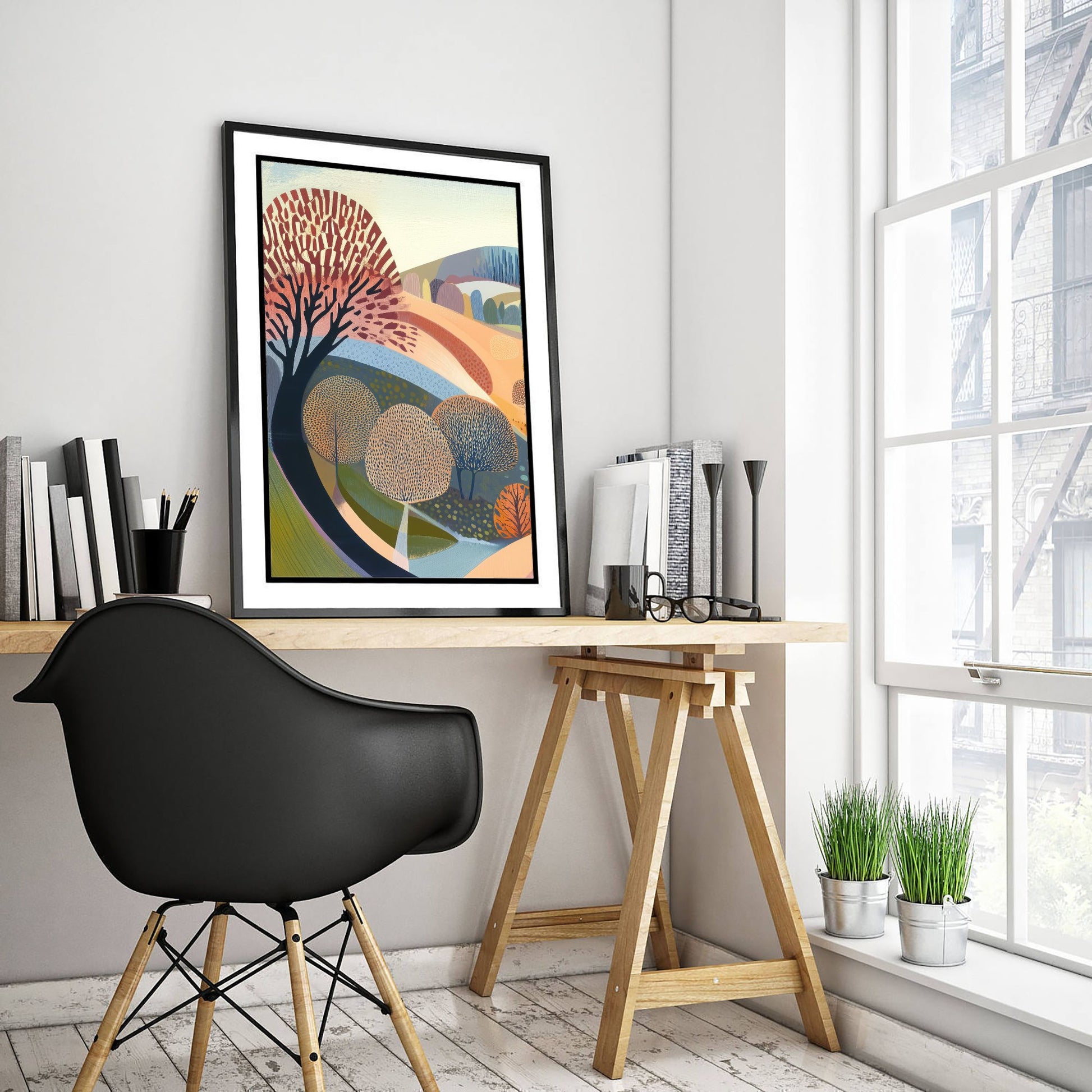 Graphic Landscape Art Print - Pastel Rolling Hills Poster - Folk Countryside Illustration - Soft River Valley V2 1/3