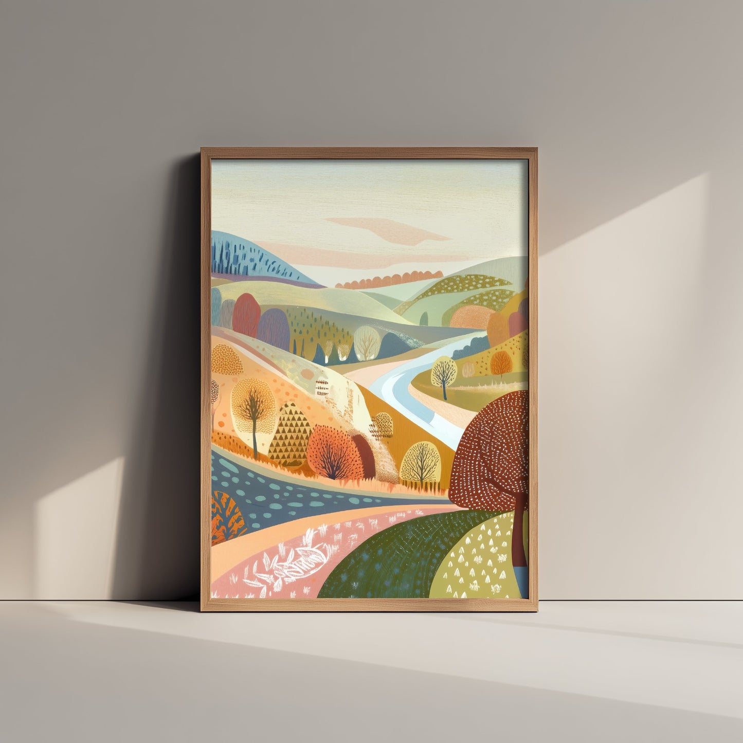 Graphic Landscape Art Print - Pastel Rolling Hills Poster - Folk Countryside Illustration - Pastel Hillside V2 2/3