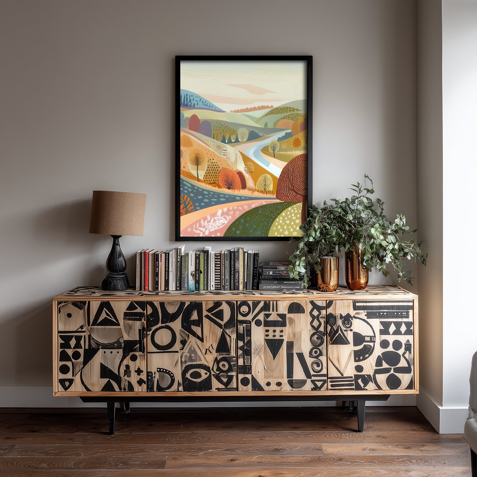 Graphic Landscape Art Print - Pastel Rolling Hills Poster - Folk Countryside Illustration - Pastel Hillside V2 2/3