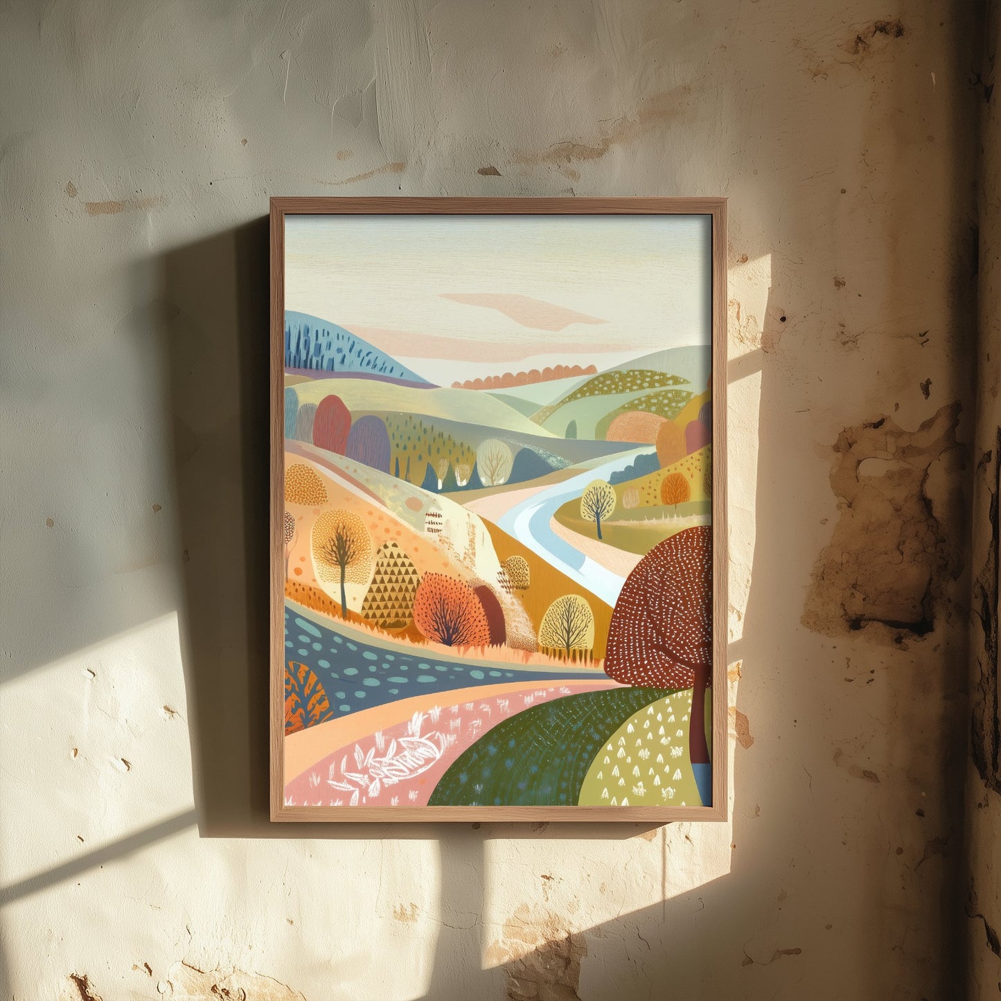 Graphic Landscape Art Print - Pastel Rolling Hills Poster - Folk Countryside Illustration - Pastel Hillside V2 2/3