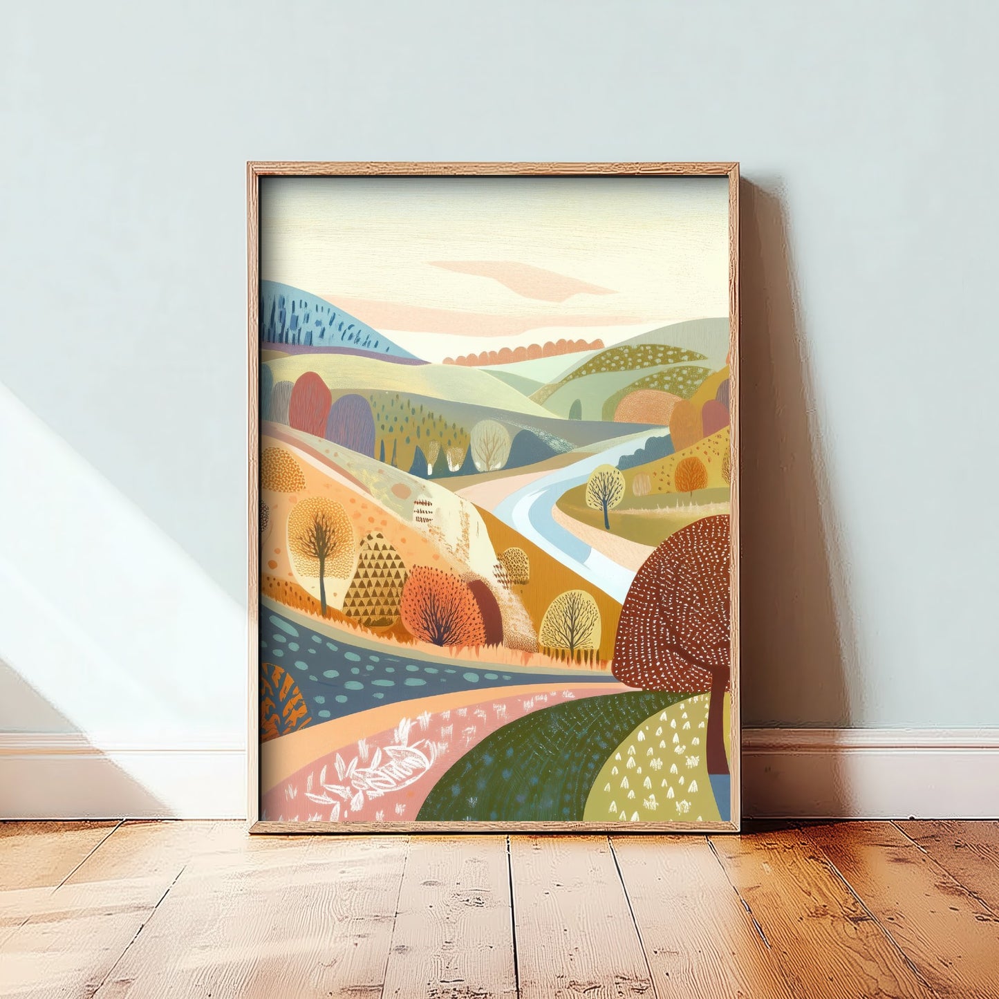 Graphic Landscape Art Print - Pastel Rolling Hills Poster - Folk Countryside Illustration - Pastel Hillside V2 2/3