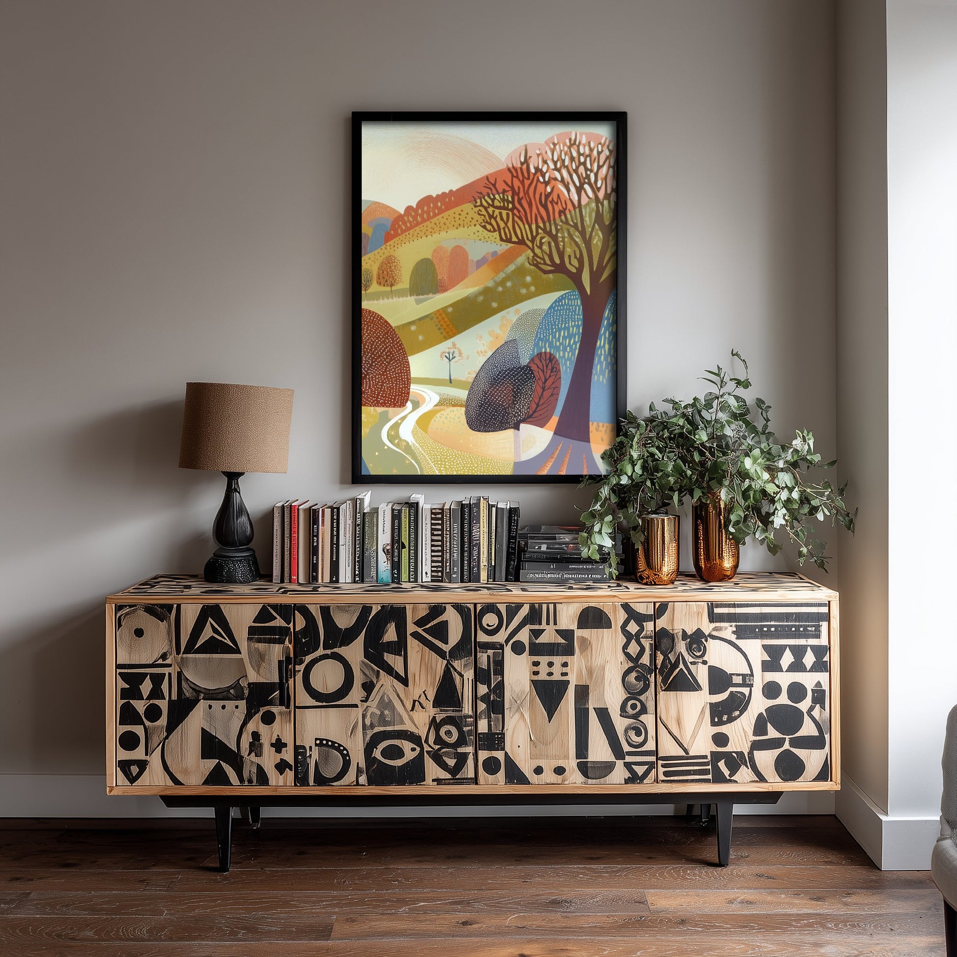Graphic Landscape Art Print - Pastel Rolling Hills Poster - Folk Countryside Illustration - Autumn Trees V2 3/3