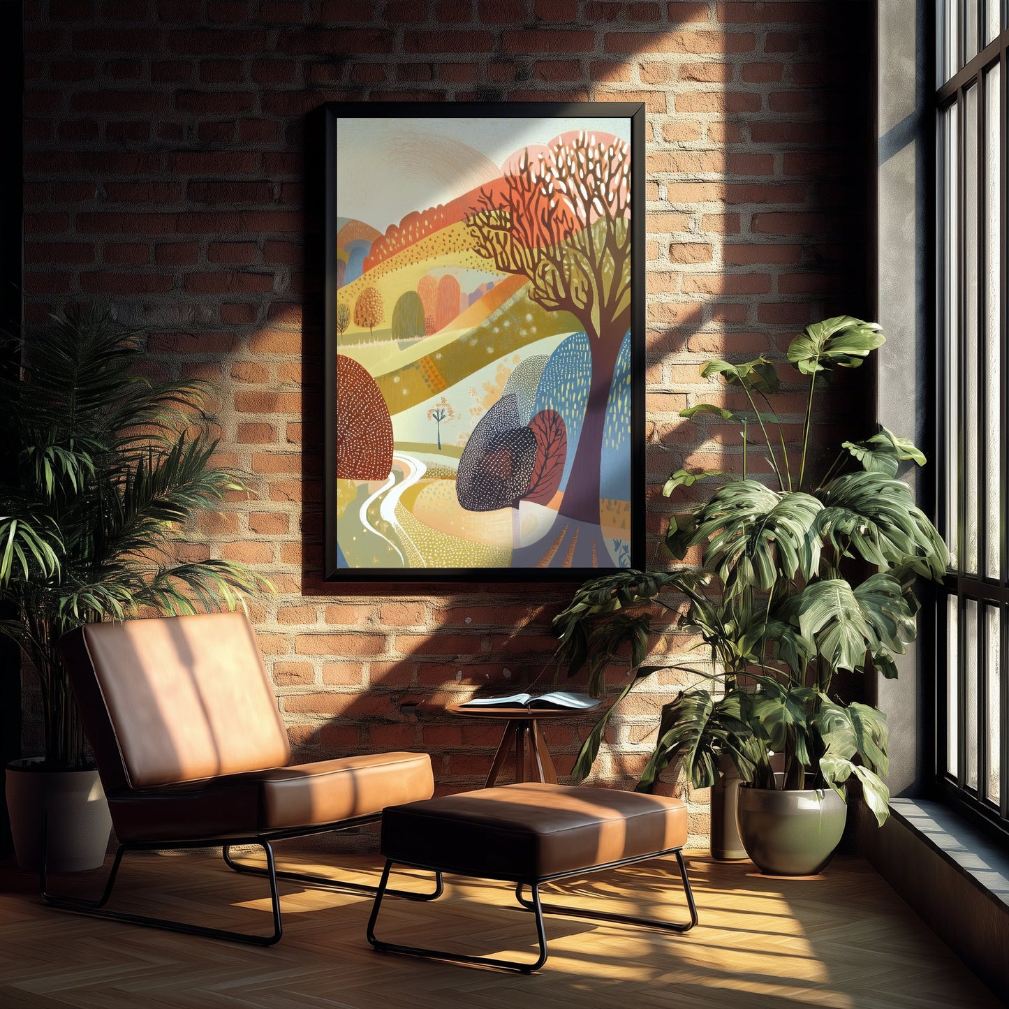 Graphic Landscape Art Print - Pastel Rolling Hills Poster - Folk Countryside Illustration - Autumn Trees V2 3/3