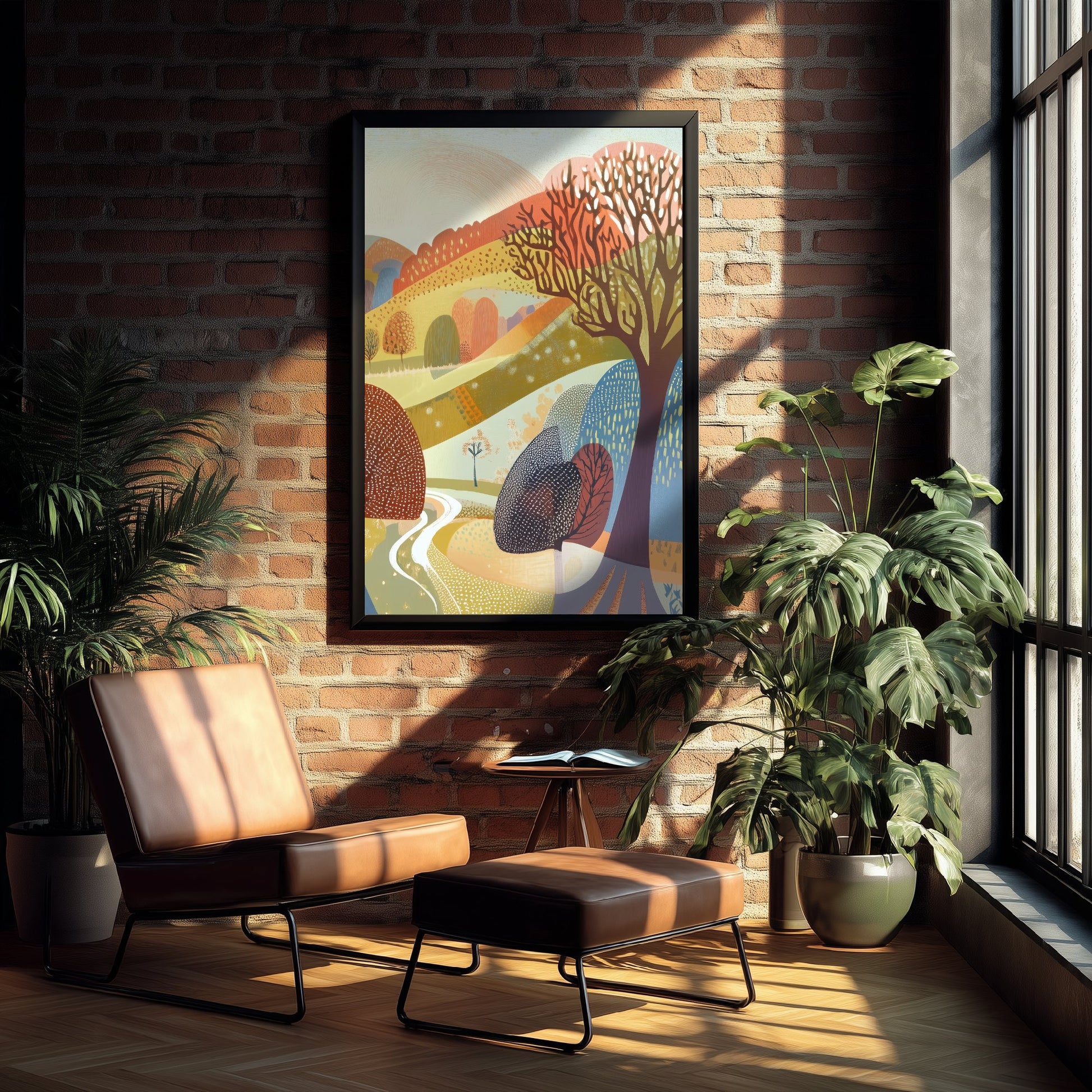 Graphic Landscape Art Print - Pastel Rolling Hills Poster - Folk Countryside Illustration - Autumn Trees V2 3/3