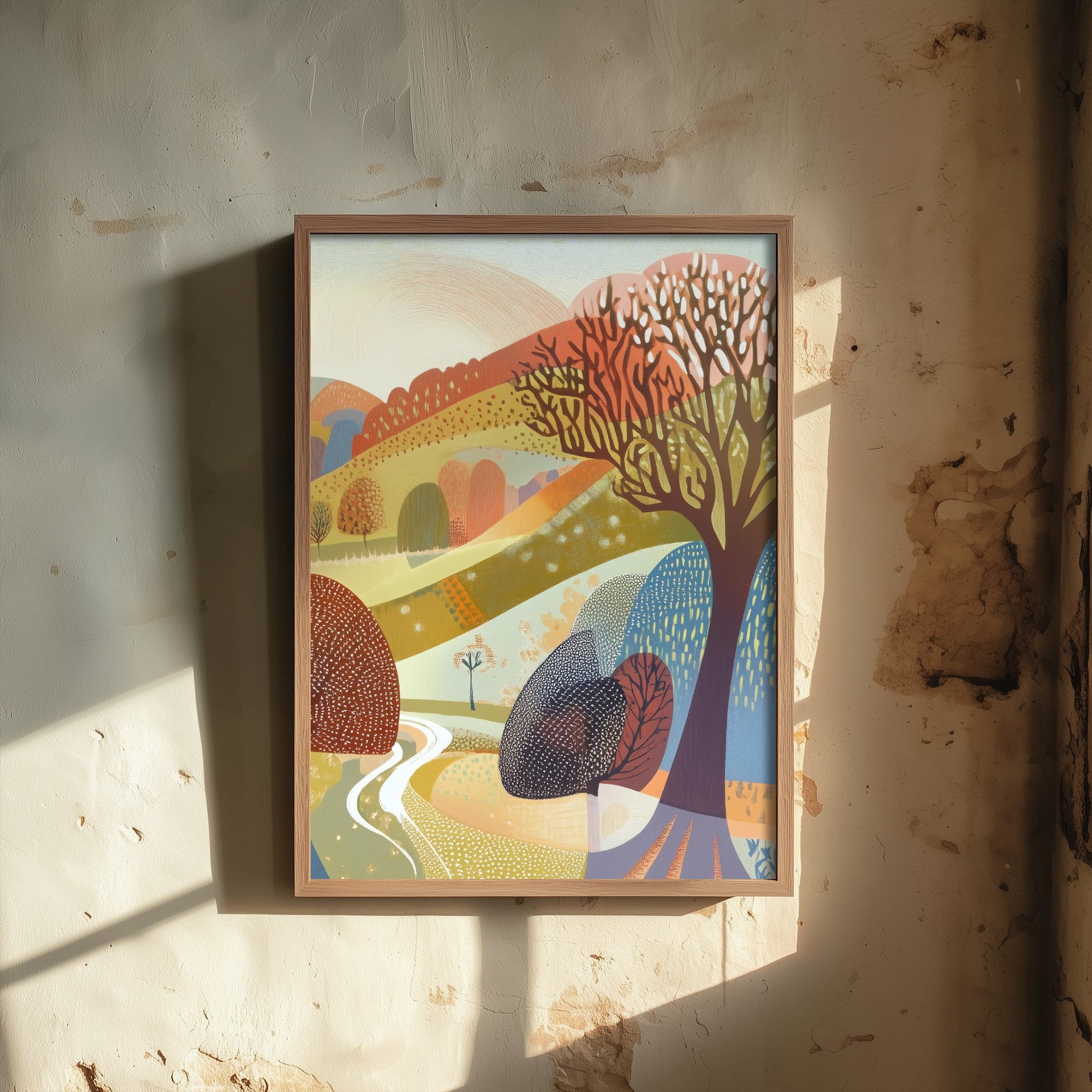 Graphic Landscape Art Print - Pastel Rolling Hills Poster - Folk Countryside Illustration - Autumn Trees V2 3/3