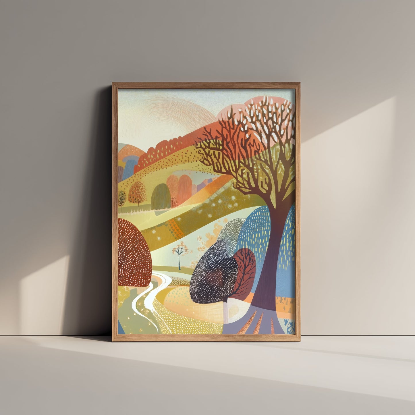 Graphic Landscape Art Print - Pastel Rolling Hills Poster - Folk Countryside Illustration - Autumn Trees V2 3/3