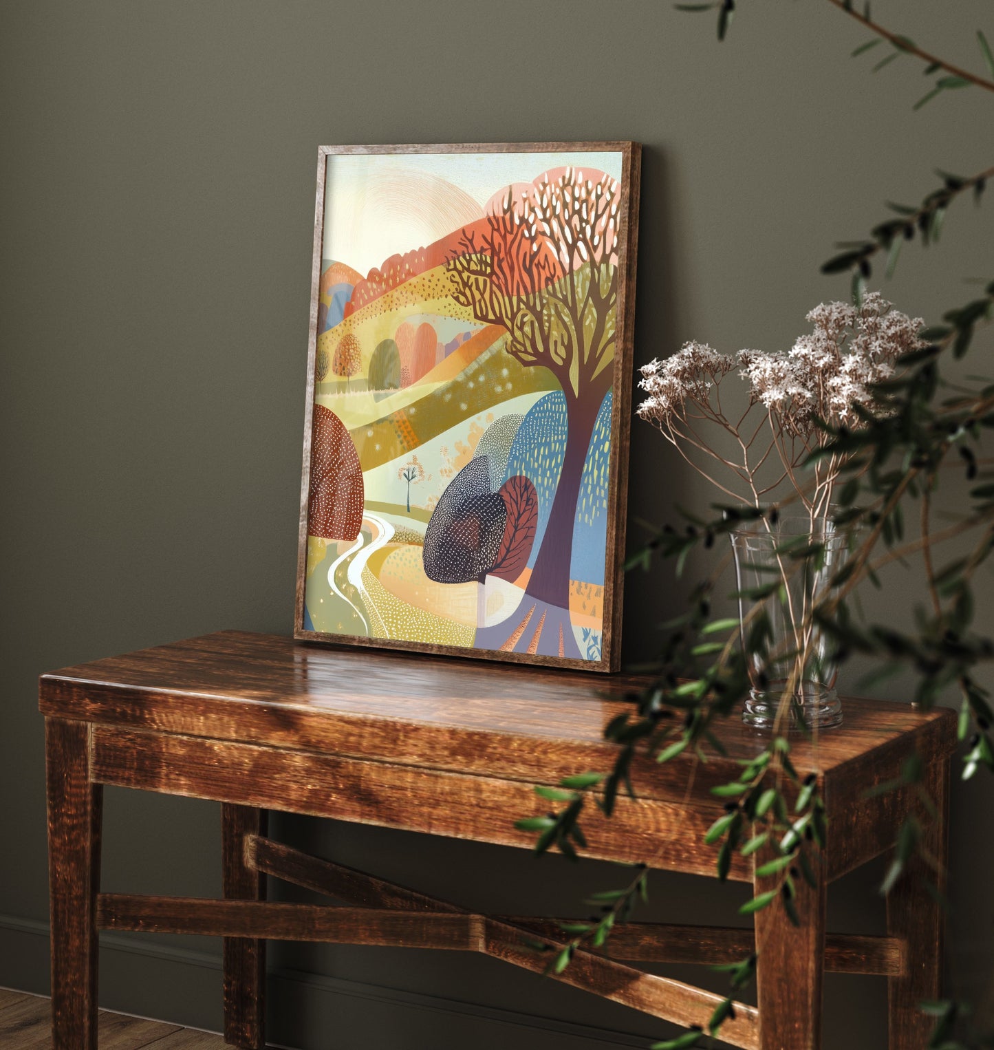 Graphic Landscape Art Print - Pastel Rolling Hills Poster - Folk Countryside Illustration - Autumn Trees V2 3/3