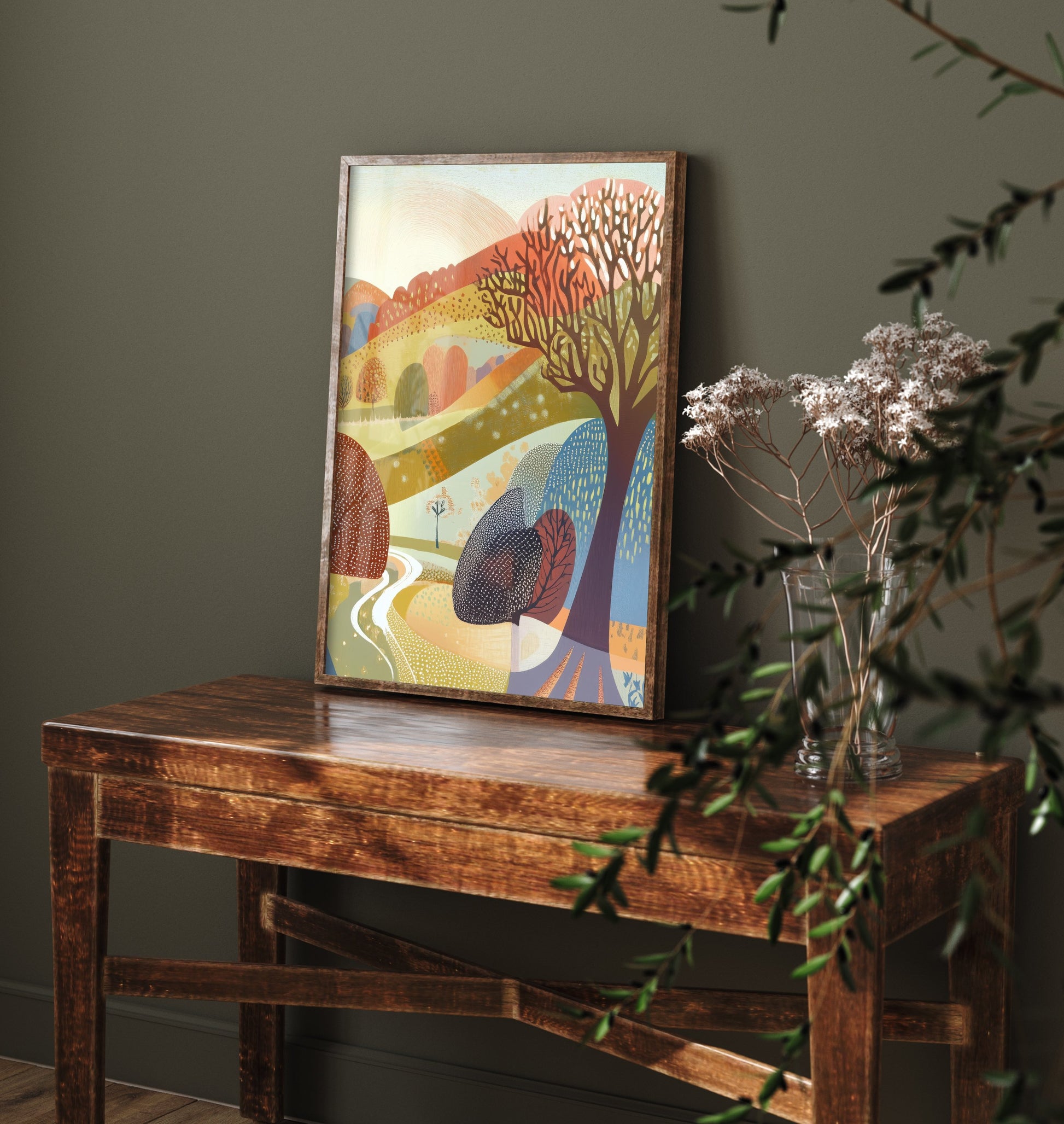 Graphic Landscape Art Print - Pastel Rolling Hills Poster - Folk Countryside Illustration - Autumn Trees V2 3/3