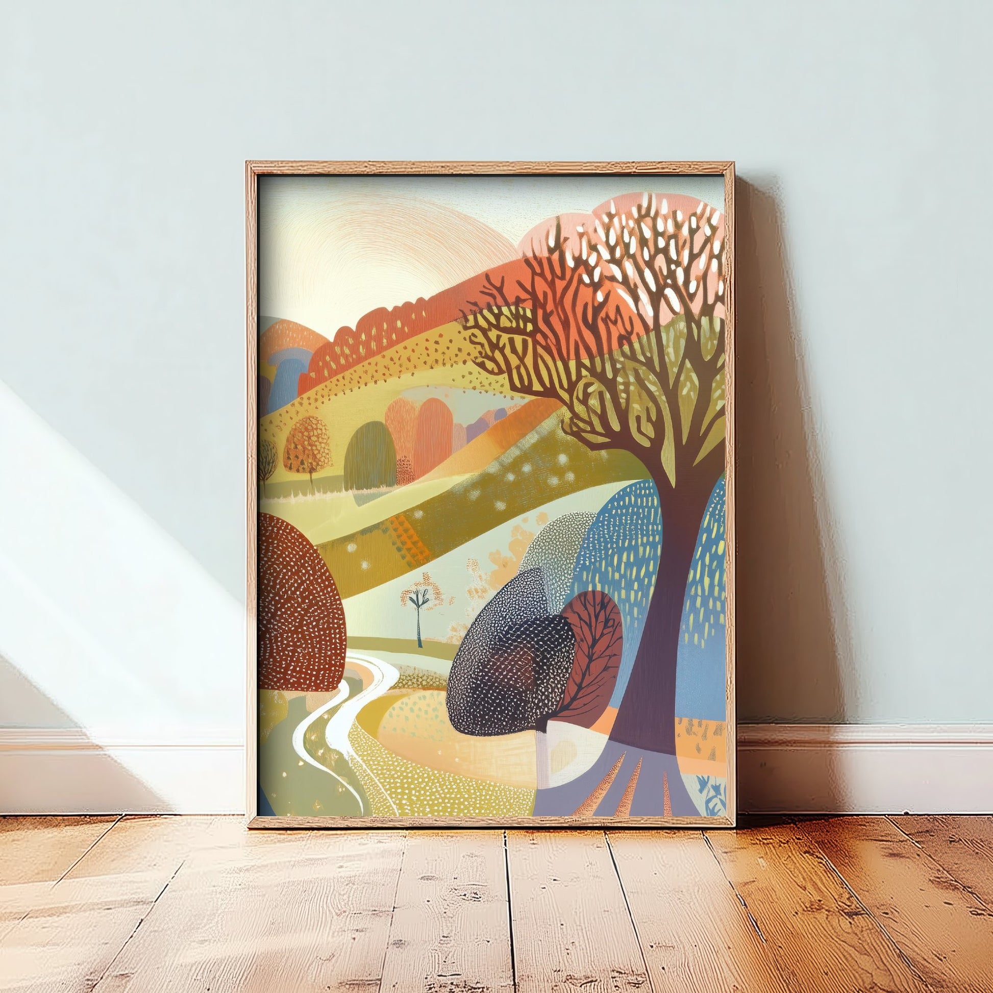 Graphic Landscape Art Print - Pastel Rolling Hills Poster - Folk Countryside Illustration - Autumn Trees V2 3/3