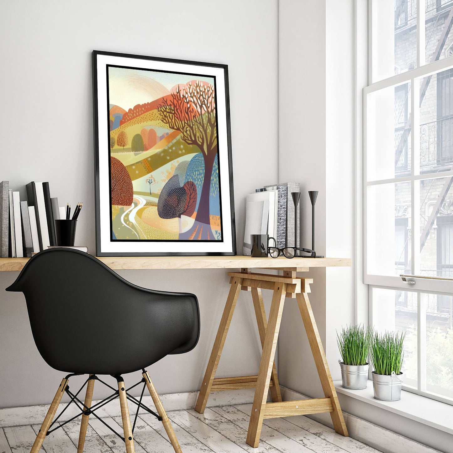 Graphic Landscape Art Print - Pastel Rolling Hills Poster - Folk Countryside Illustration - Autumn Trees V2 3/3