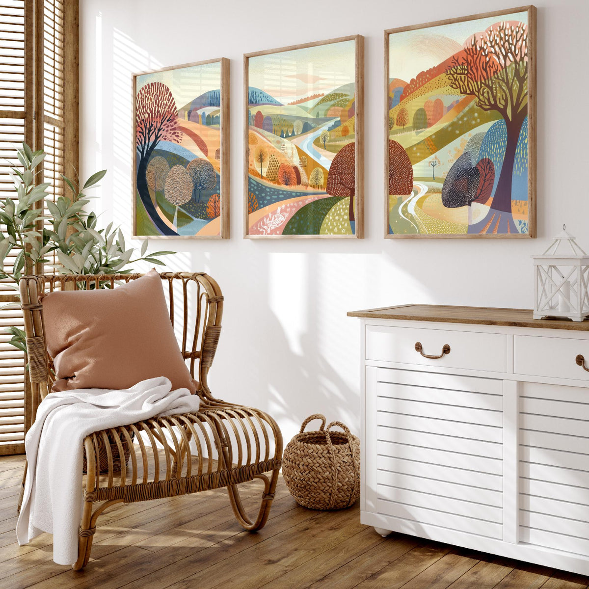 Graphic Landscape Set of Three Art Prints - 3 Autumn Valley Posters - Folk Art River Painting Wall Art Gift Countryside V2