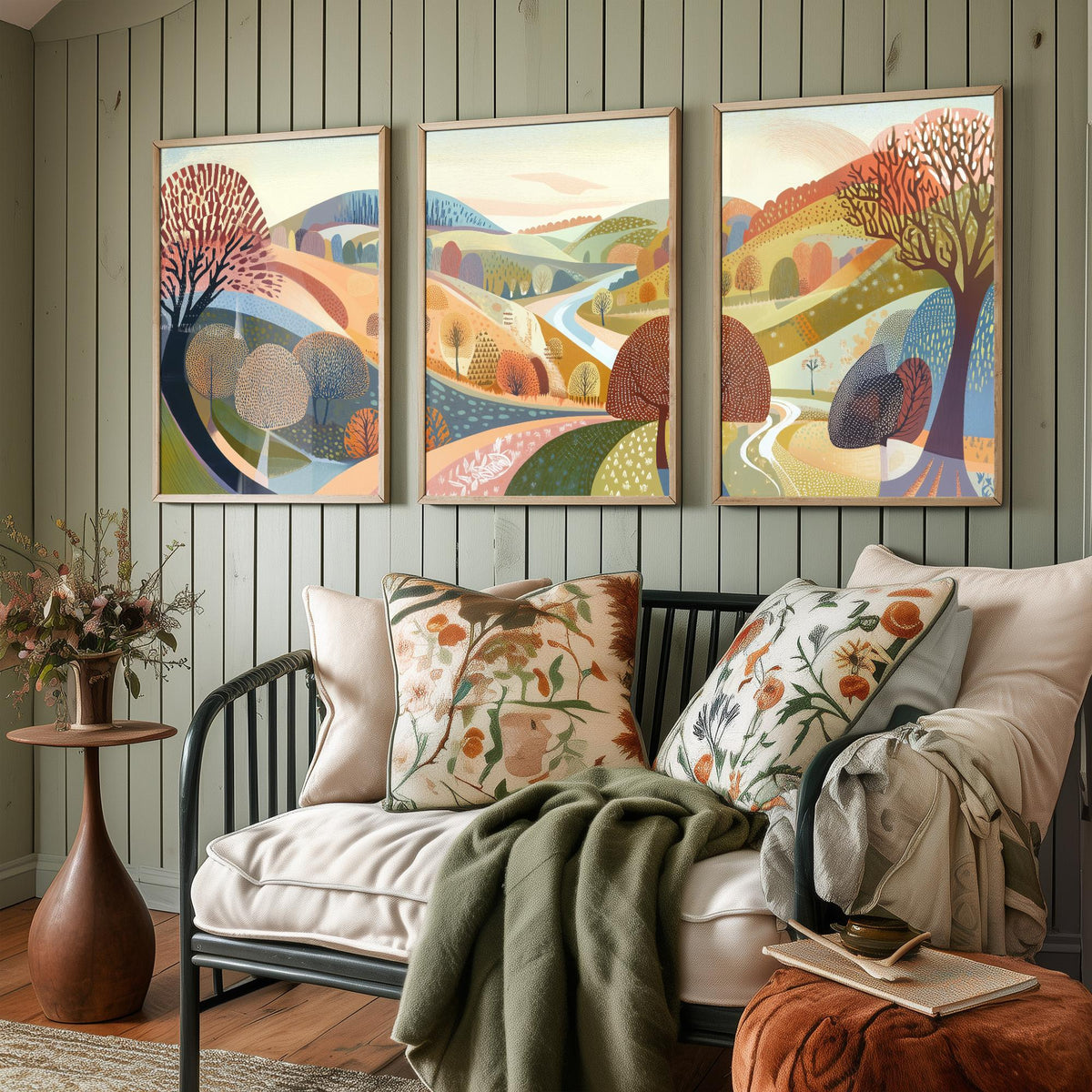 Graphic Landscape Set of Three Art Prints - 3 Autumn Valley Posters - Folk Art River Painting Wall Art Gift Countryside V2