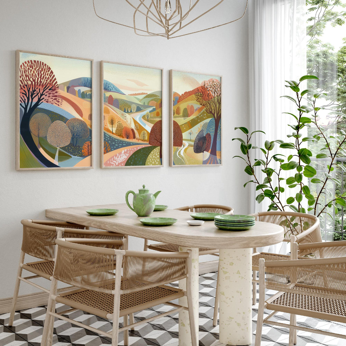 Graphic Landscape Set of Three Art Prints - 3 Autumn Valley Posters - Folk Art River Painting Wall Art Gift Countryside V2