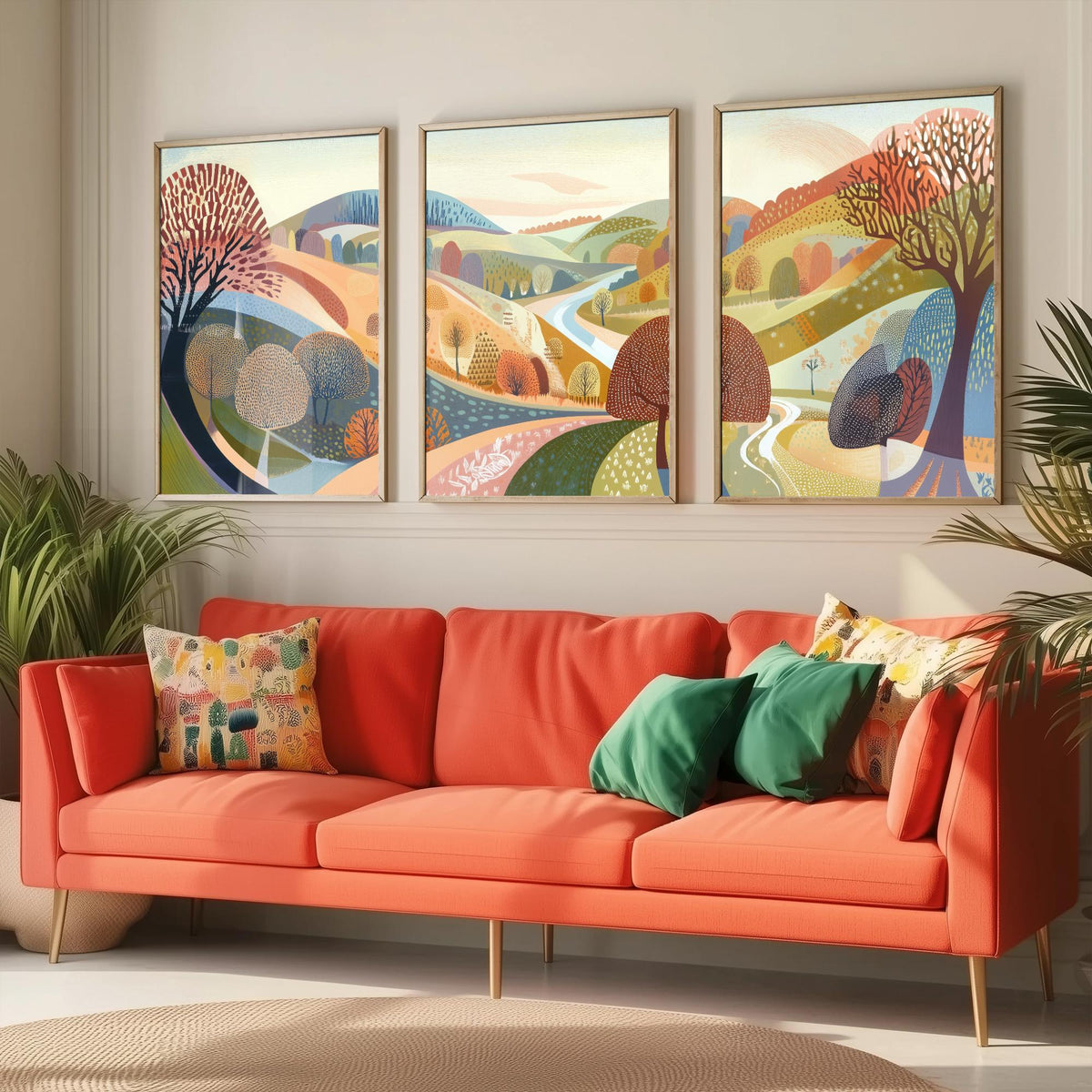 Graphic Landscape Set of Three Art Prints - 3 Autumn Valley Posters - Folk Art River Painting Wall Art Gift Countryside V2
