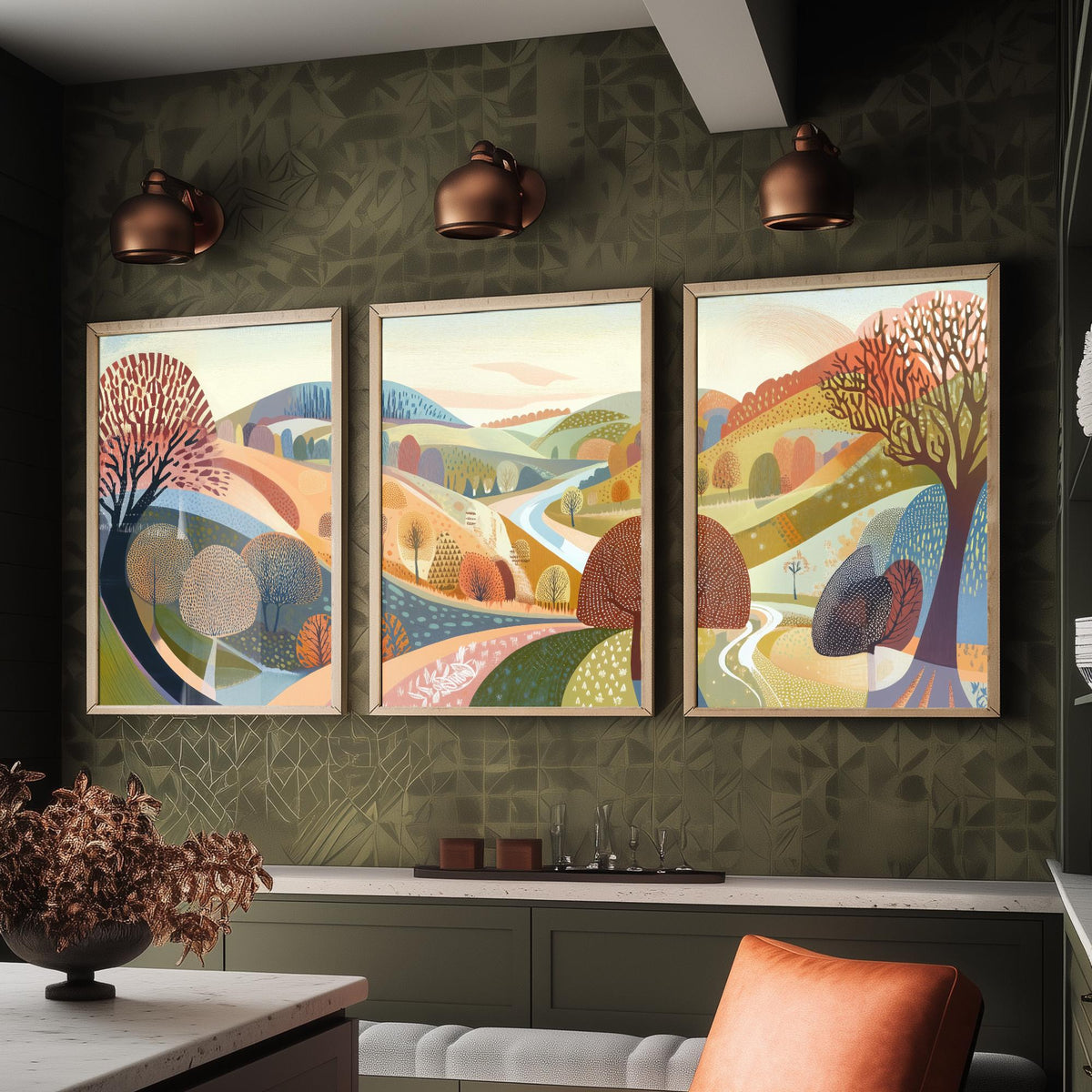 Graphic Landscape Set of Three Art Prints - 3 Autumn Valley Posters - Folk Art River Painting Wall Art Gift Countryside V2