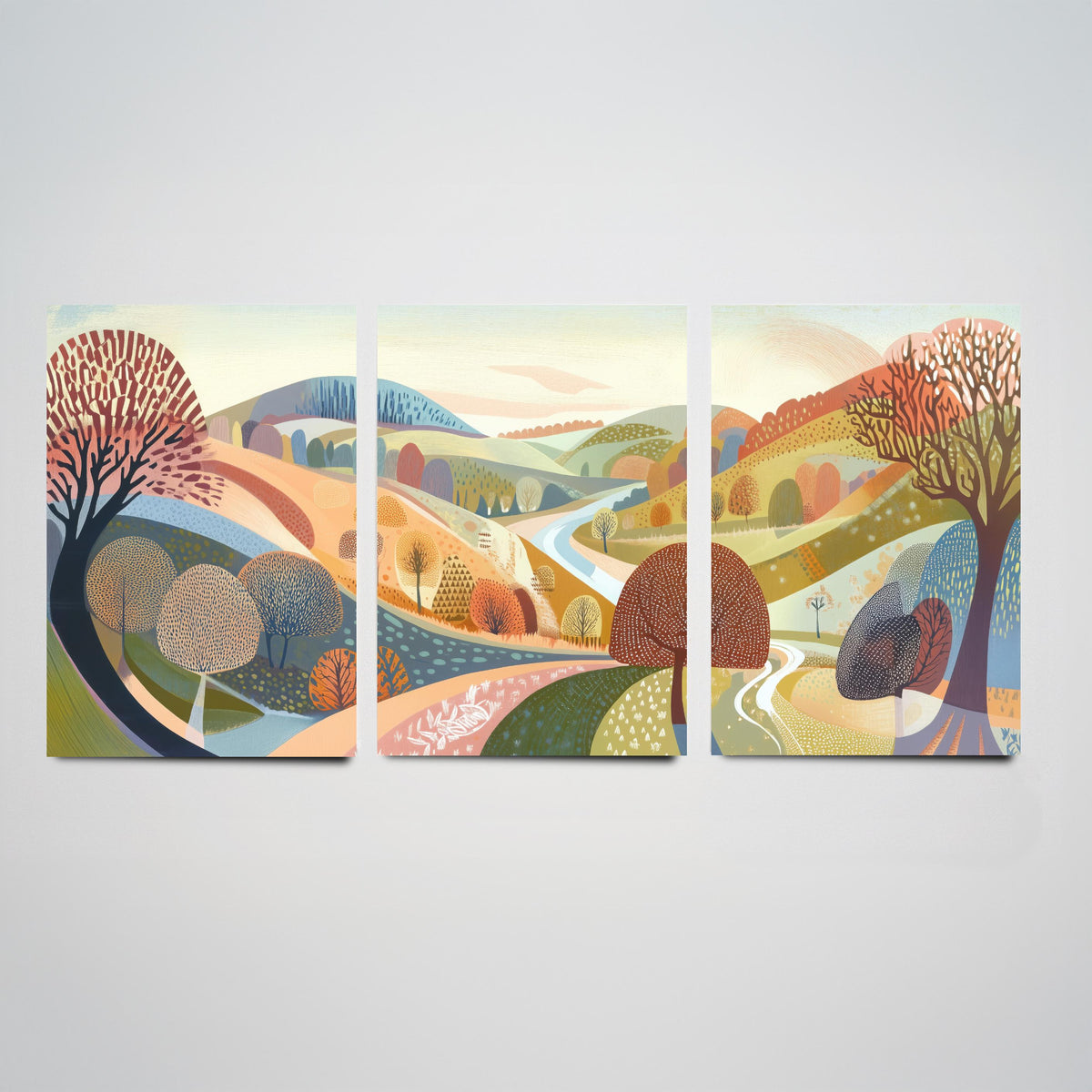 Graphic Landscape Set of Three Art Prints - 3 Autumn Valley Posters - Folk Art River Painting Wall Art Gift Countryside V2