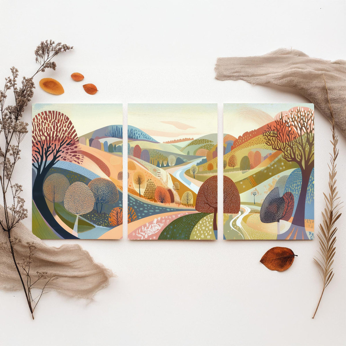 Graphic Landscape Set of Three Art Prints - 3 Autumn Valley Posters - Folk Art River Painting Wall Art Gift Countryside V2