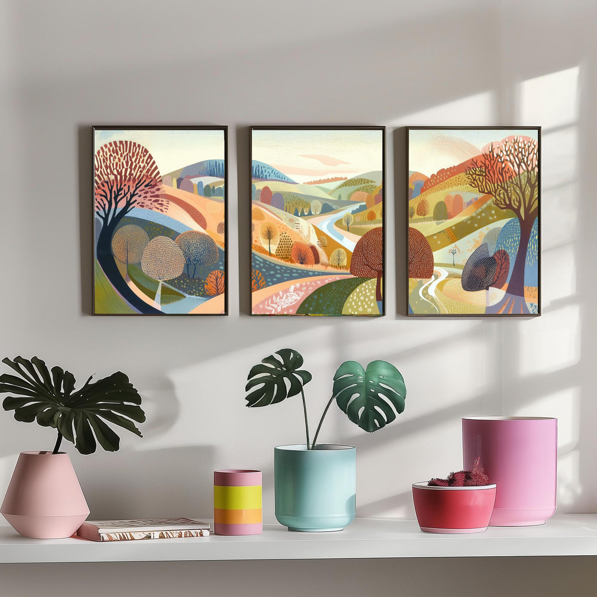 Graphic Landscape Set of Three Art Prints - 3 Autumn Valley Posters - Folk Art River Painting Wall Art Gift Countryside V2