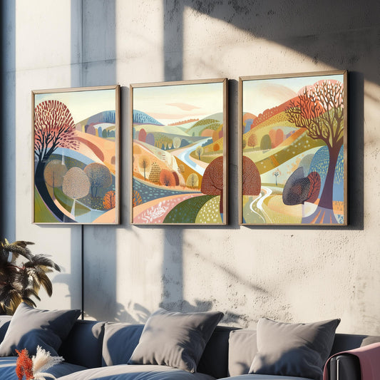 Graphic Landscape Set of Three Art Prints - 3 Autumn Valley Posters - Folk Art River Painting Wall Art Gift Countryside V2